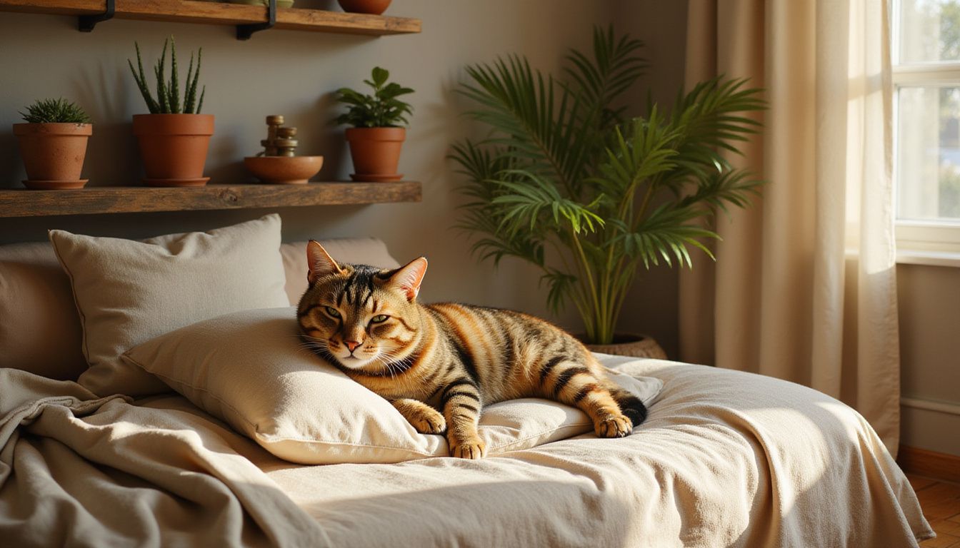 A relaxed tabby cat curls up on a cream cushion, surrounded by indoor plants and a tranquil atmosphere. A relaxed tabby cat curls up on a cream cushion, surrounded by indoor plants and a tranquil atmosphere.