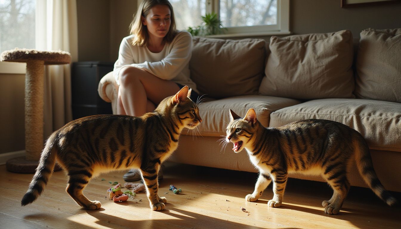 A concerned woman engages with her defensive tabby cat in a lived-in living room filled with toys and signs of use. A concerned woman engages with her defensive tabby cat in a lived-in living room filled with toys and signs of use.