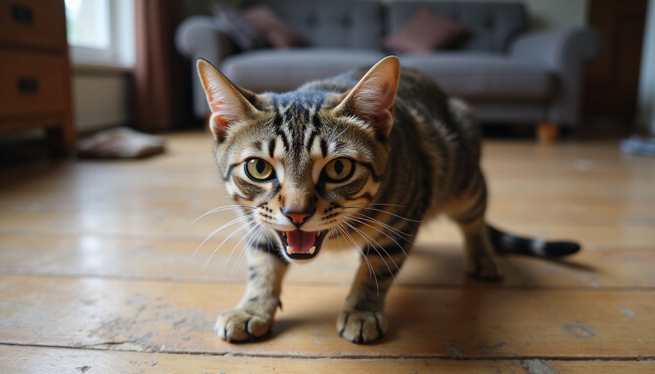 A tabby cat displays a defensive posture, with dilated pupils, bared teeth, and a puffed tail on a wooden floor. A tabby cat displays a defensive posture, with dilated pupils, bared teeth, and a puffed tail on a wooden floor.