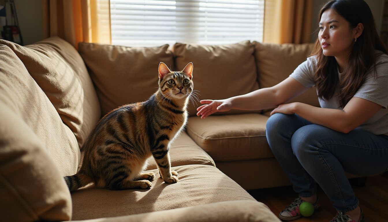 A tense tabby cat sits on a worn couch as a woman reaches out to pet it, showcasing domestic life. A tense tabby cat sits on a worn couch as a woman reaches out to pet it, showcasing domestic life.