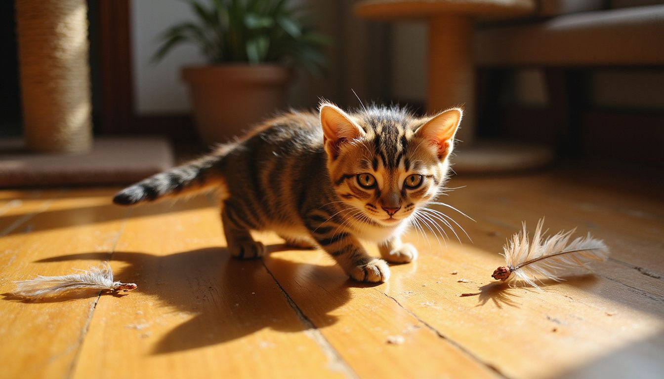 A young tabby kitten crouches intently on hardwood floor, poised to pounce on a feather toy nearby. A young tabby kitten crouches intently on hardwood floor, poised to pounce on a feather toy nearby.