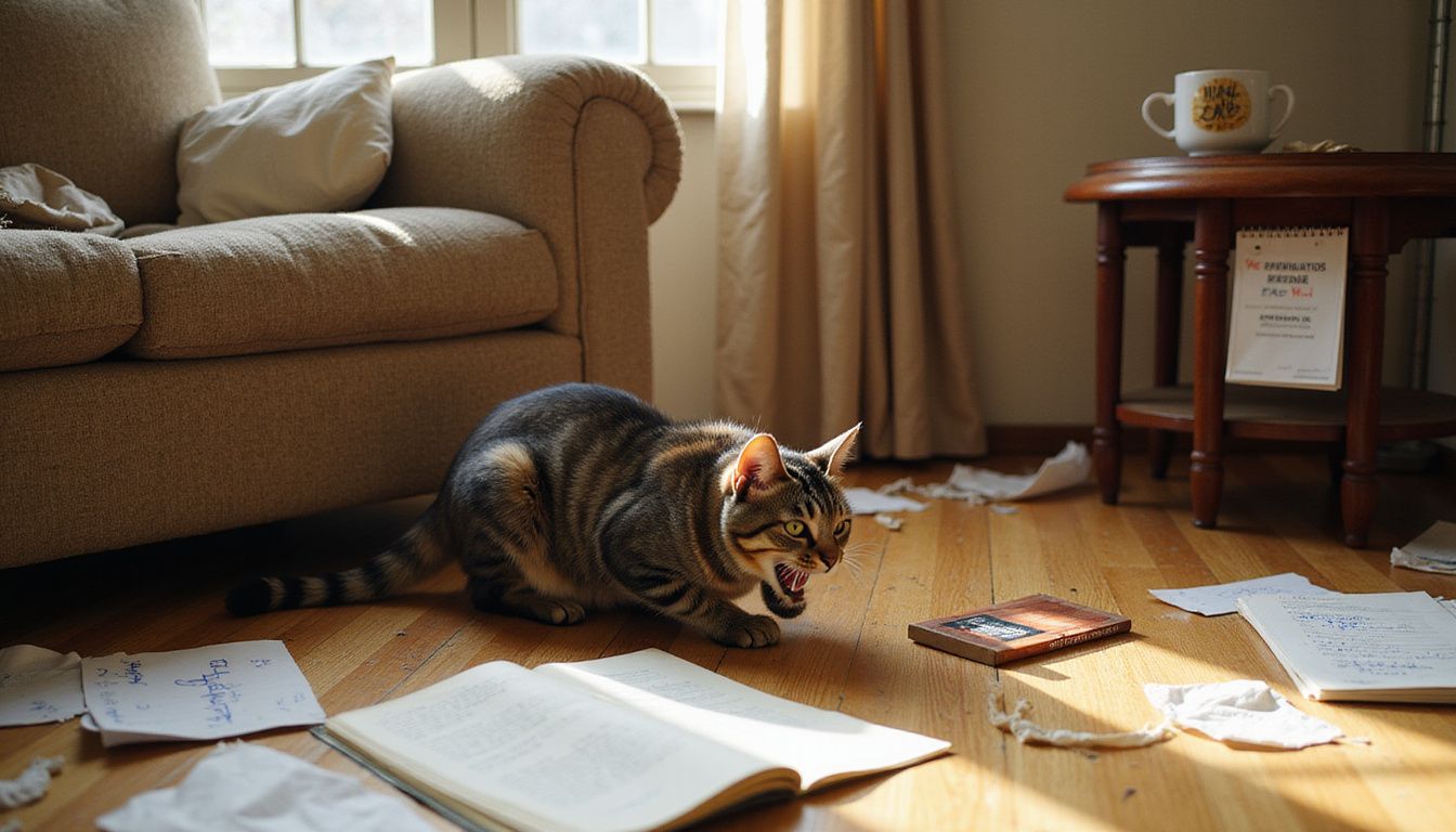 A tabby cat hisses defensively on the floor, surrounded by signs of stress and preparations for a vet appointment. A tabby cat hisses defensively on the floor, surrounded by signs of stress and preparations for a vet appointment.