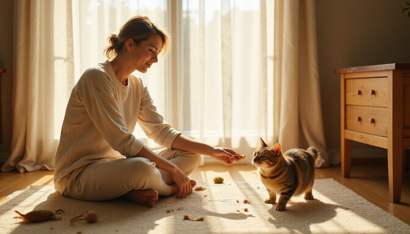A relaxed woman offers a treat to a friendly tabby cat on a cozy area rug. A relaxed woman offers a treat to a friendly tabby cat on a cozy area rug.