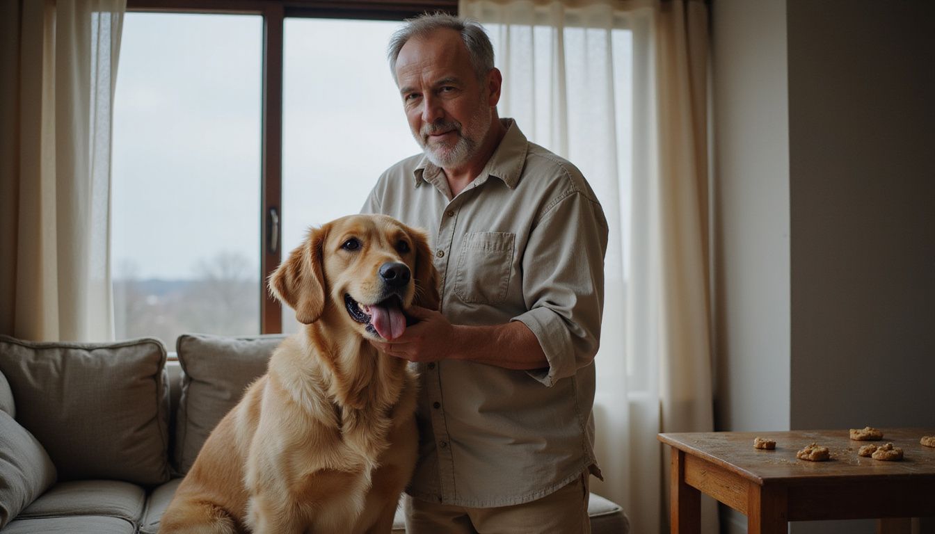 A man patiently trains a golden retriever in a cozy living room.