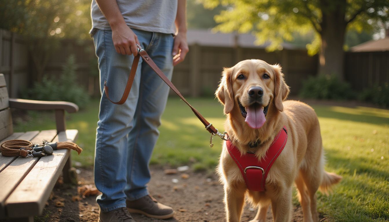 A relaxed person holds a leather leash attached to a tired golden retriever in a suburban backyard. A relaxed person holds a leather leash attached to a tired golden retriever in a suburban backyard.