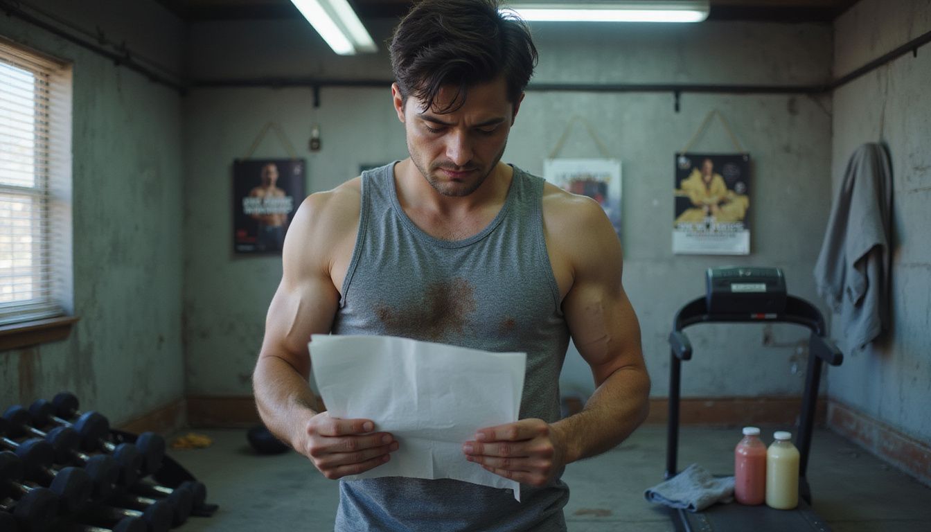 A frustrated young man in a neglected home gym contemplates his unclear training routine while surrounded by fitness equipment. A frustrated young man in a neglected home gym contemplates his unclear training routine while surrounded by fitness equipment.