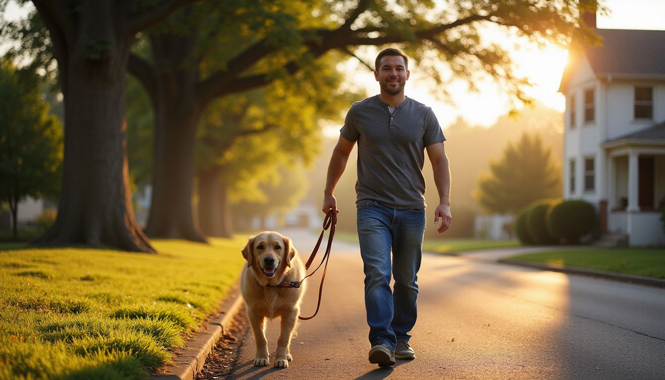 A person in casual wear walks a relaxed golden retriever down a peaceful suburban street. A person in casual wear walks a relaxed golden retriever down a peaceful suburban street.