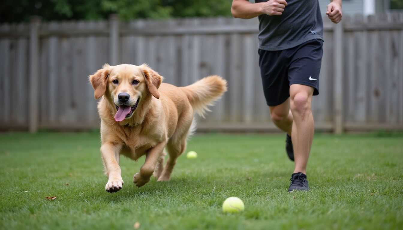 A golden retriever joyfully chases a tennis ball while its owner jogs ahead in a residential backyard. A golden retriever joyfully chases a tennis ball while its owner jogs ahead in a residential backyard.
