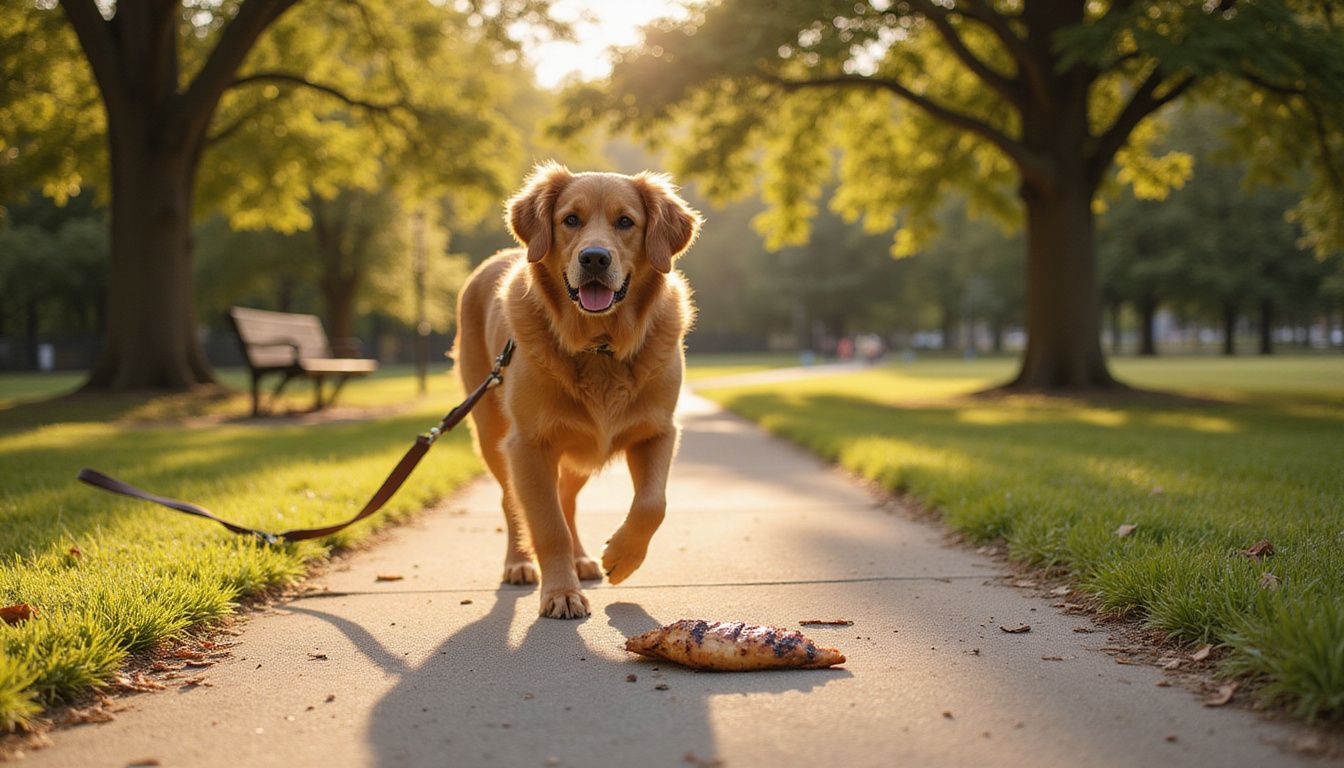 A golden retriever trots along a park path, focused on a piece of grilled chicken ahead. A golden retriever trots along a park path, focused on a piece of grilled chicken ahead.