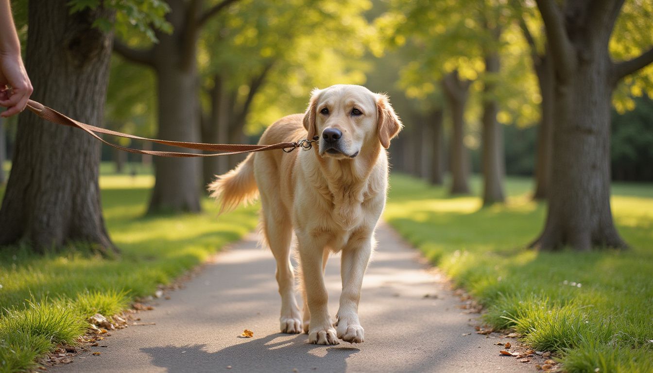 A golden retriever strolls along a park pathway, relaxed with a slack leash, surrounded by lush grass and trees. A golden retriever strolls along a park pathway, relaxed with a slack leash, surrounded by lush grass and trees.
