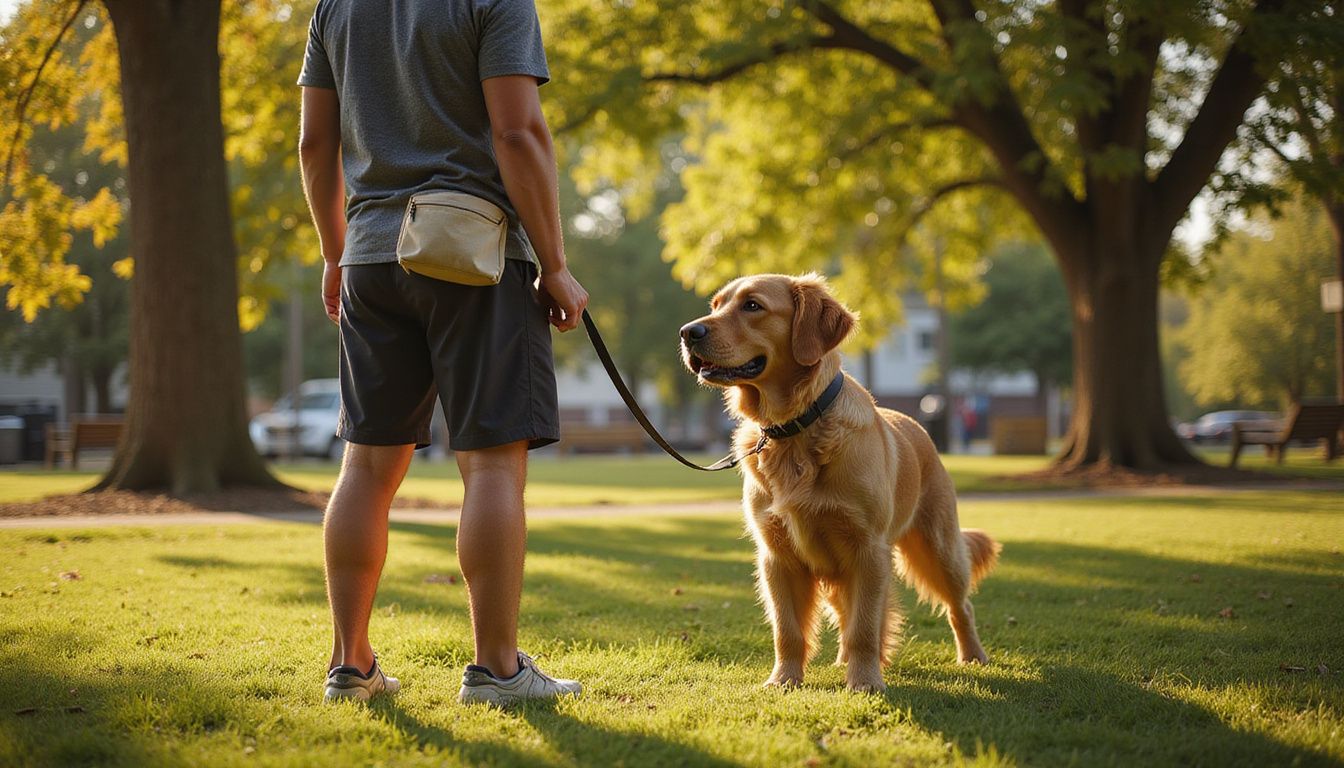 A dog trainer stands with a golden retriever on a leash in a neighborhood park, focused and engaged in training. A dog trainer stands with a golden retriever on a leash in a neighborhood park, focused and engaged in training.