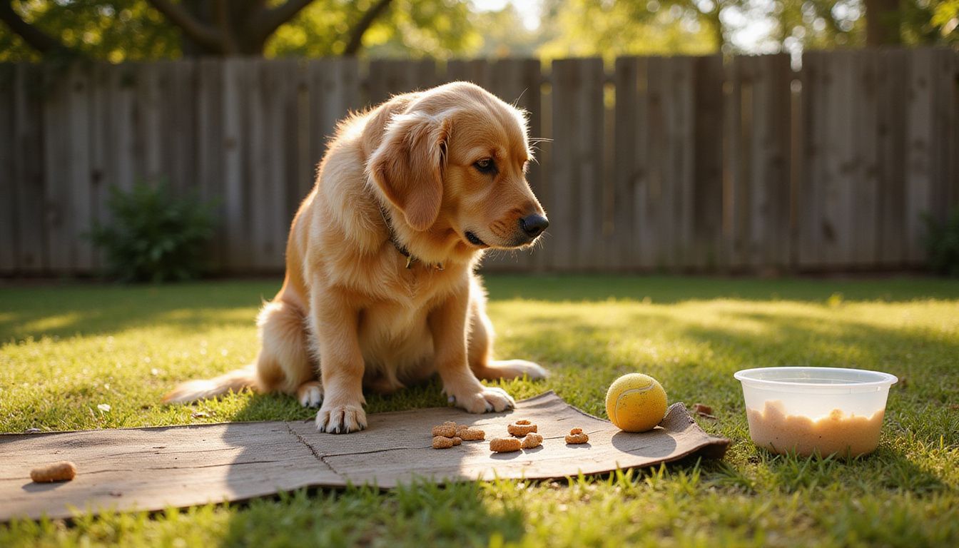 A golden retriever attentively watches training treats in a worn backyard with various dog toys nearby. A golden retriever attentively watches training treats in a worn backyard with various dog toys nearby.