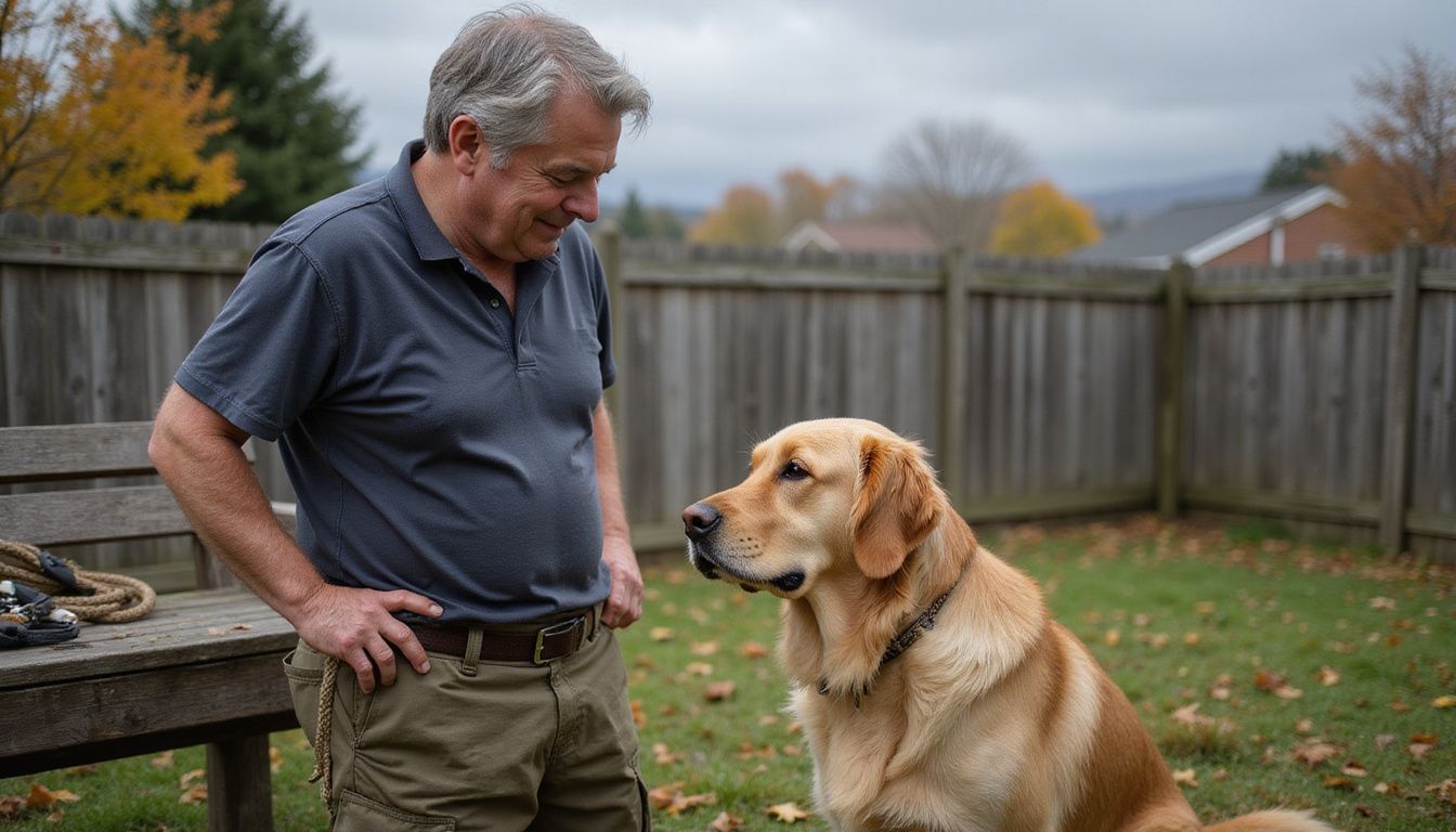 A man trains his attentive golden retriever in a backyard, surrounded by autumn leaves and training equipment. A man trains his attentive golden retriever in a backyard, surrounded by autumn leaves and training equipment.