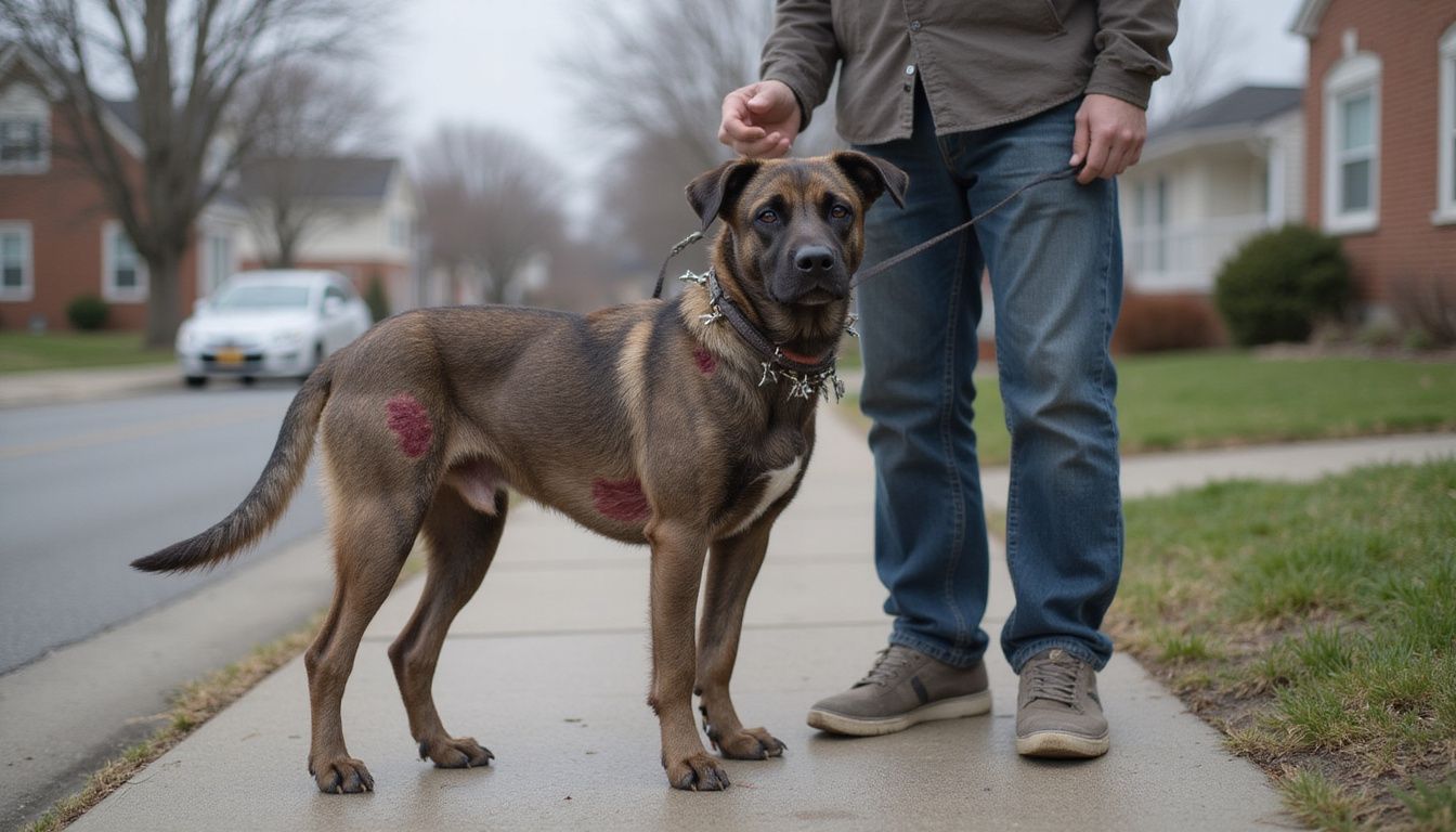 A distressed medium-sized dog shows signs of stress and discomfort while being restrained by a tight prong collar. A distressed medium-sized dog shows signs of stress and discomfort while being restrained by a tight prong collar.