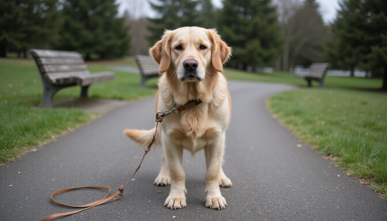 A golden retriever stands calmly on a weathered path in a park, framed by grass and blurred trees. A golden retriever stands calmly on a weathered path in a park, framed by grass and blurred trees.