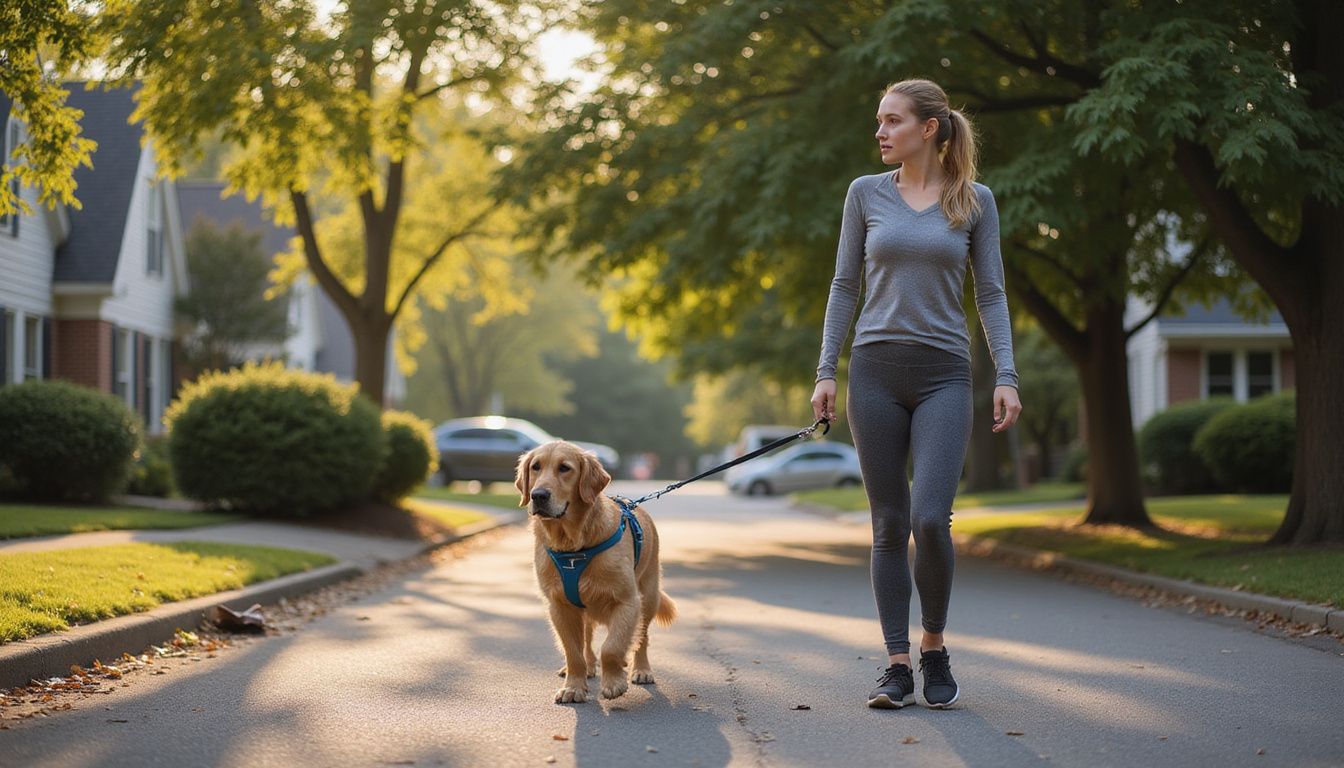 A woman walks her well-trained golden retriever down a quiet, residential street, showcasing their strong bond during a routine outing. A woman walks her well-trained golden retriever down a quiet, residential street, showcasing their strong bond during a routine outing.