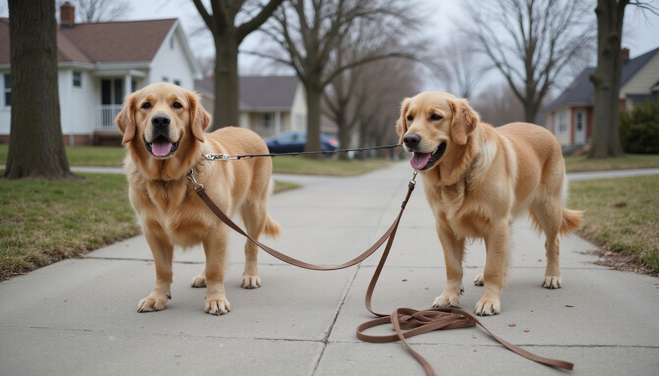 The image depicts a golden retriever exhibiting tension on a leash in one frame and a relaxed posture in another. The image depicts a golden retriever exhibiting tension on a leash in one frame and a relaxed posture in another.