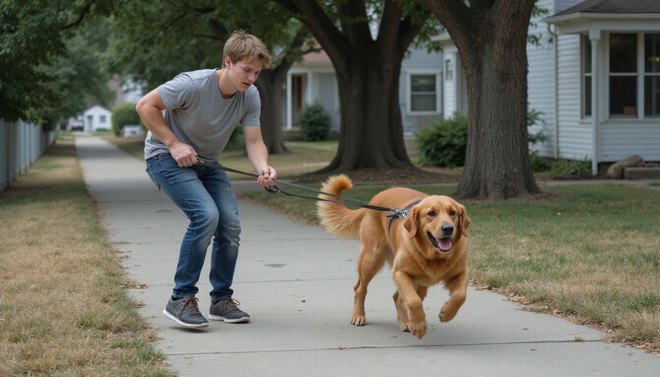 A young adult struggles to control their energetic golden retriever on a residential sidewalk. A young adult struggles to control their energetic golden retriever on a residential sidewalk.