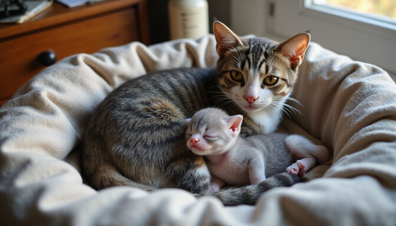 A newborn kitten nestles beside its mother in a cozy nest, showcasing their intimate maternal bond. A newborn kitten nestles beside its mother in a cozy nest, showcasing their intimate maternal bond.
