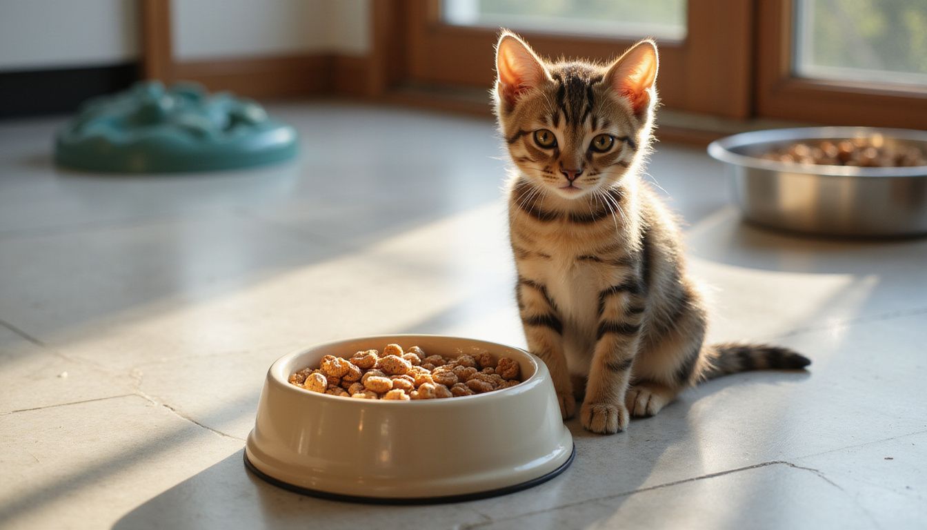 A young tabby kitten sits beside a cream food bowl filled with kibble on a light gray kitchen floor. A young tabby kitten sits beside a cream food bowl filled with kibble on a light gray kitchen floor.