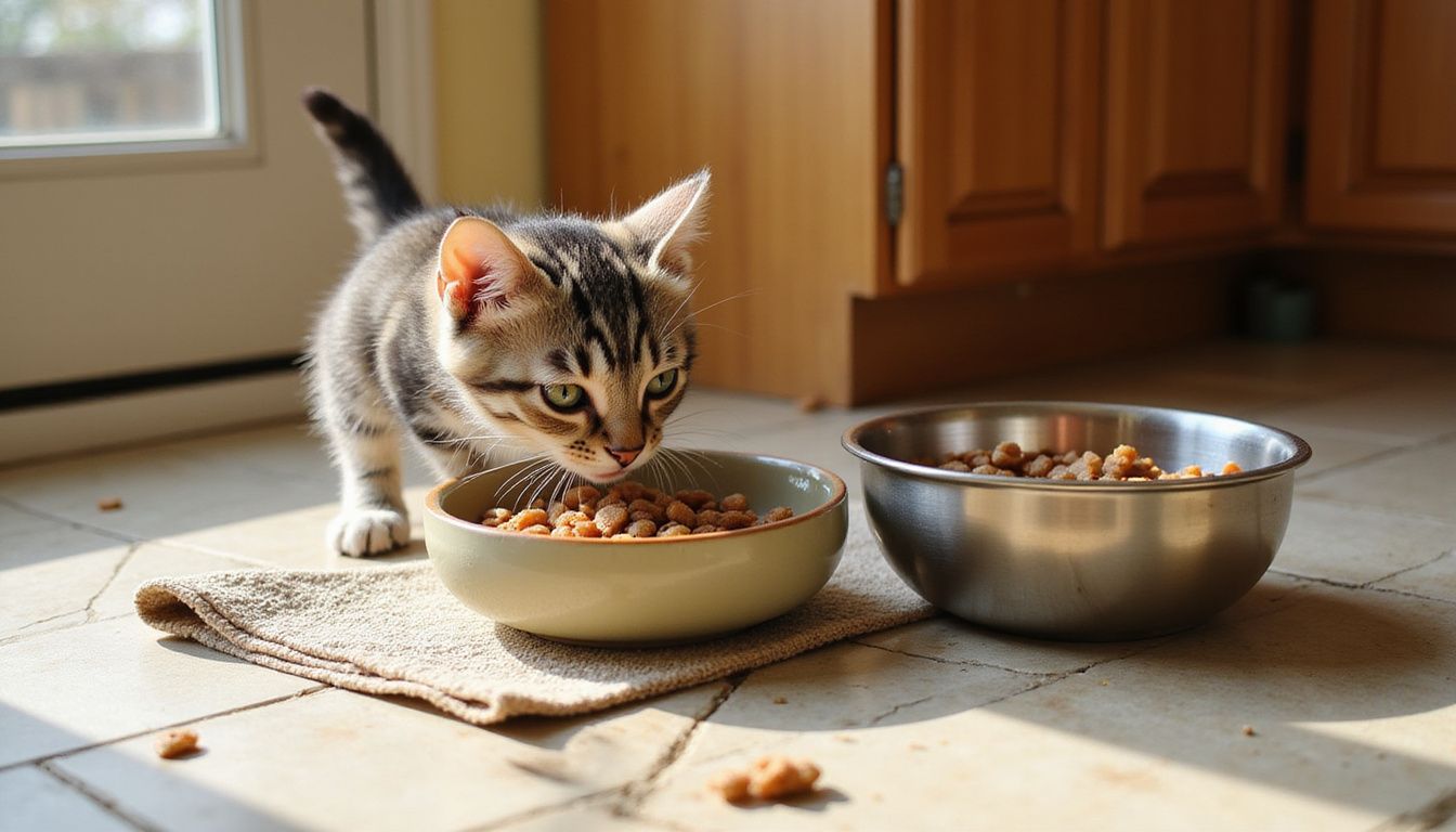 An 8-week-old tabby kitten with stripes eagerly focuses on its meal at a ceramic feeding station in a cozy kitchen. An 8-week-old tabby kitten with stripes eagerly focuses on its meal at a ceramic feeding station in a cozy kitchen.