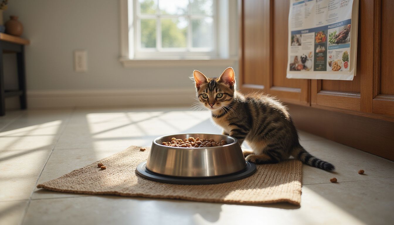 A striking tabby kitten sits beside a stainless steel food bowl filled with kibble in a stylish kitchen. A striking tabby kitten sits beside a stainless steel food bowl filled with kibble in a stylish kitchen.
