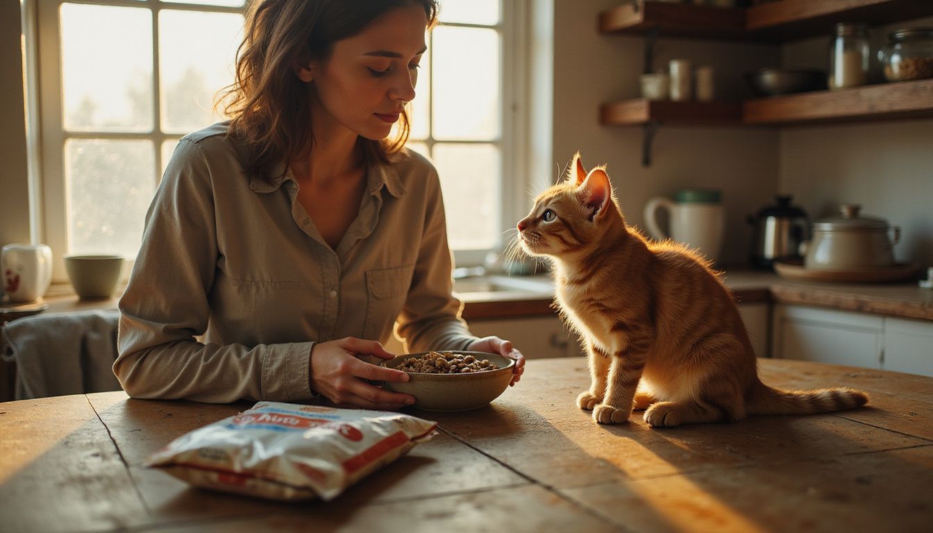 A woman offers wet kitten food to an attentive orange tabby kitten at a rustic wooden kitchen table. A woman offers wet kitten food to an attentive orange tabby kitten at a rustic wooden kitchen table.