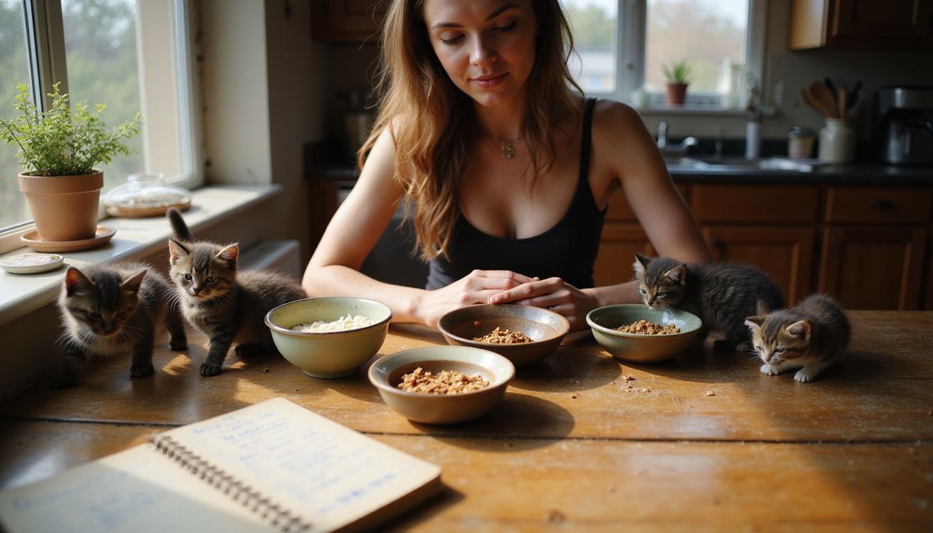 A woman sits at a kitchen table, feeding several kittens from various ceramic bowls in a cozy, lived-in setting. A woman sits at a kitchen table, feeding several kittens from various ceramic bowls in a cozy, lived-in setting.