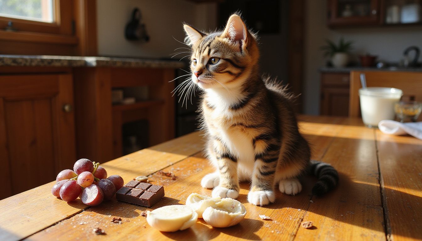 A cautious tabby kitten observes hazardous food items scattered on a kitchen table, highlighting its wariness and curiosity. A cautious tabby kitten observes hazardous food items scattered on a kitchen table, highlighting its wariness and curiosity.