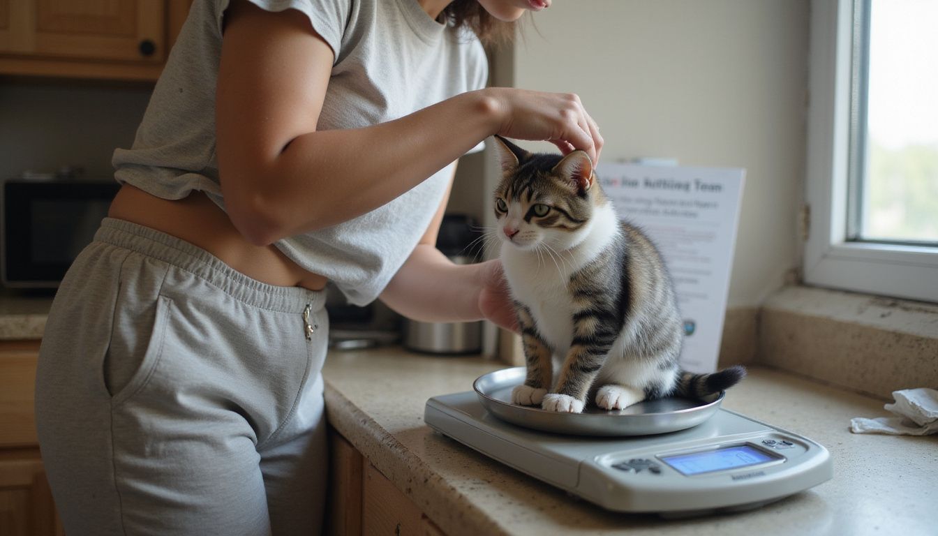 A woman gently examines a fluffy tabby kitten on a digital scale in her cozy kitchen. A woman gently examines a fluffy tabby kitten on a digital scale in her cozy kitchen.