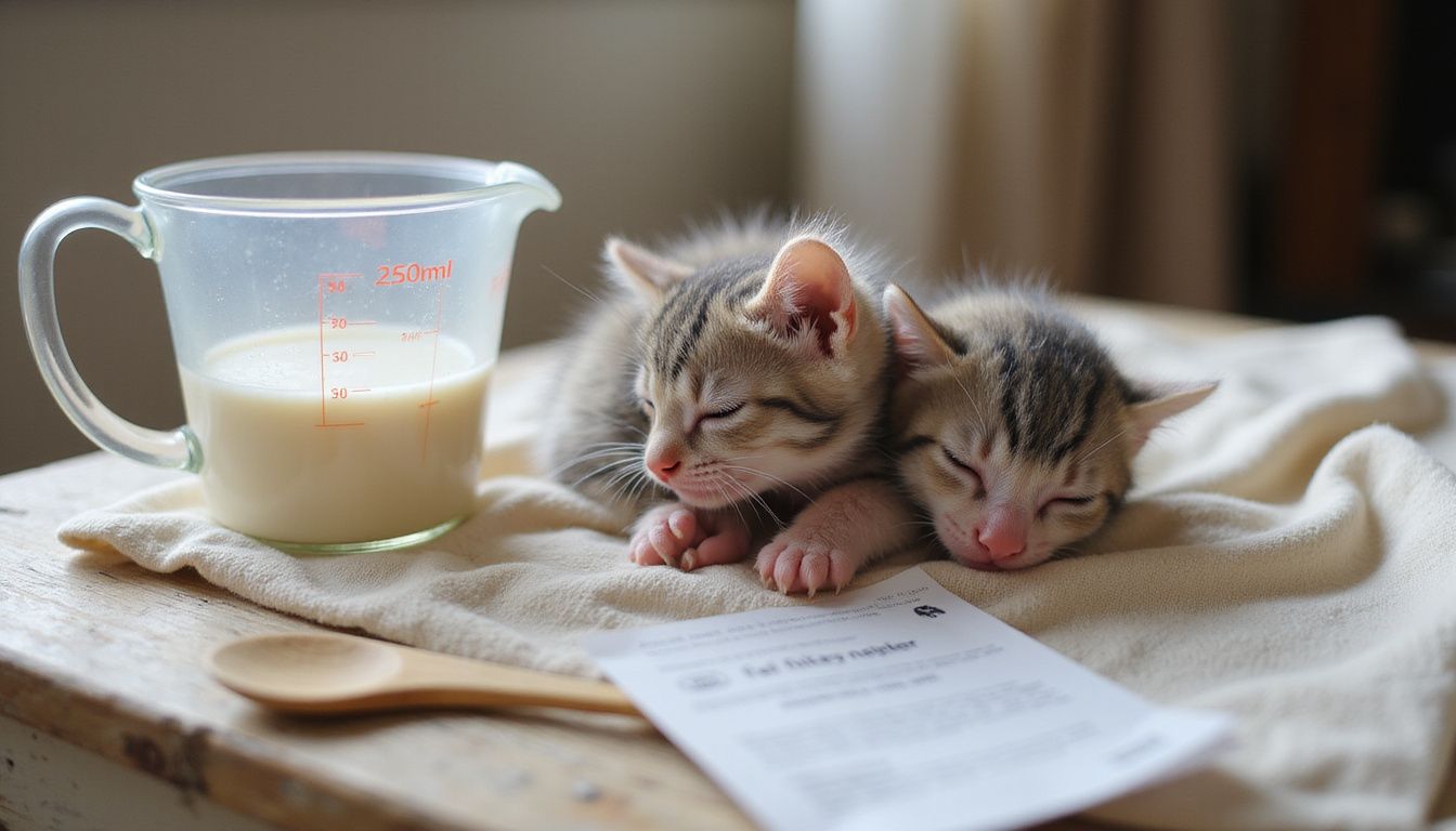 A three-week-old kitten nurses from a bottle on a soft blanket, surrounded by care items and an instruction card. A three-week-old kitten nurses from a bottle on a soft blanket, surrounded by care items and an instruction card.