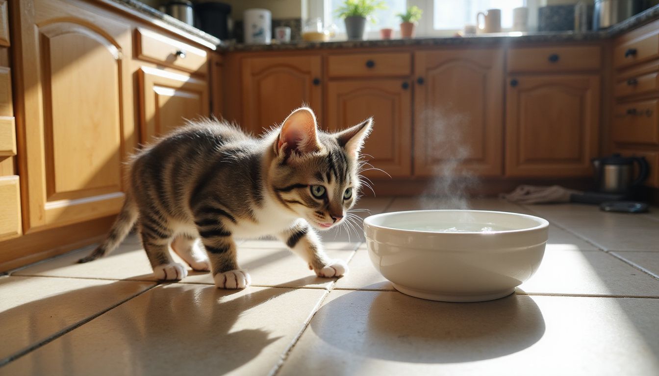 A young tabby kitten eagerly prepares to drink from a ceramic water bowl in a sunlit kitchen. A young tabby kitten eagerly prepares to drink from a ceramic water bowl in a sunlit kitchen.