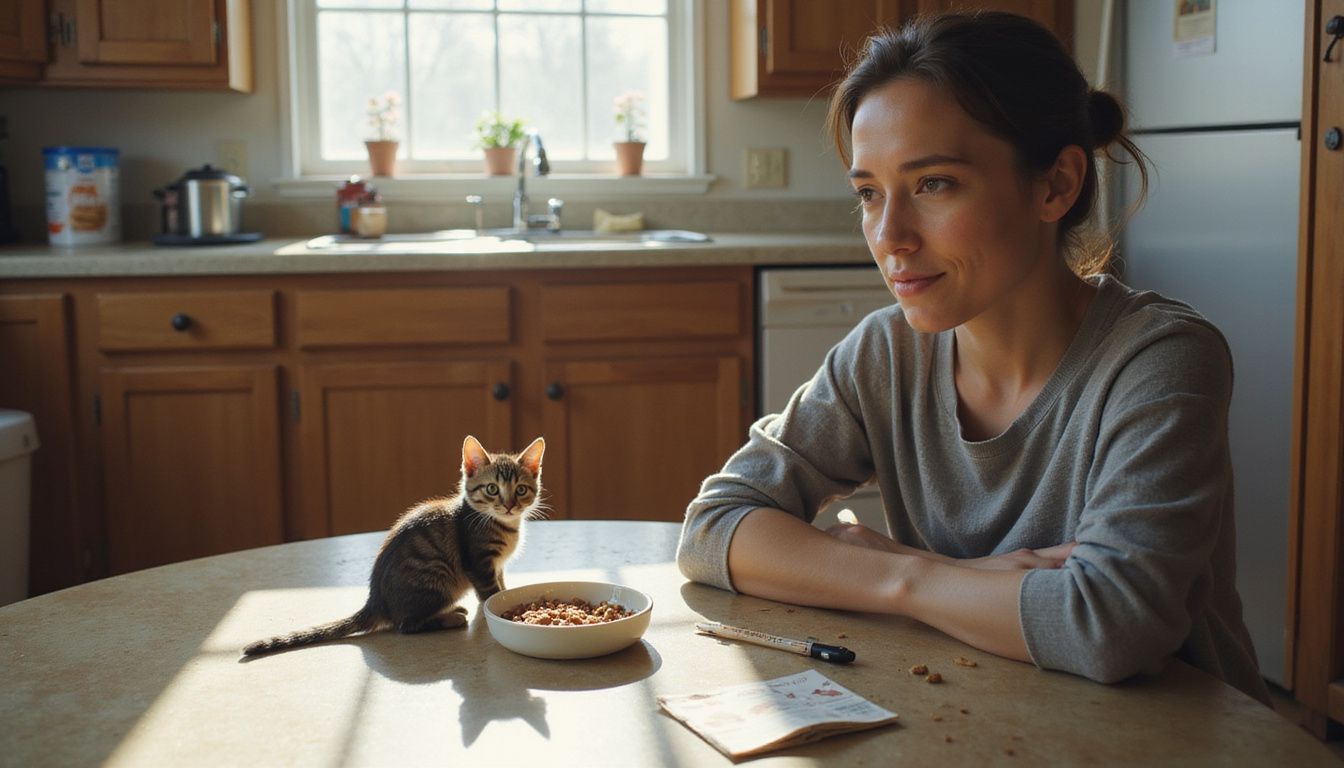 A young tabby kitten sits beside a woman, both engaged in a tender moment in a cozy kitchen. A young tabby kitten sits beside a woman, both engaged in a tender moment in a cozy kitchen.