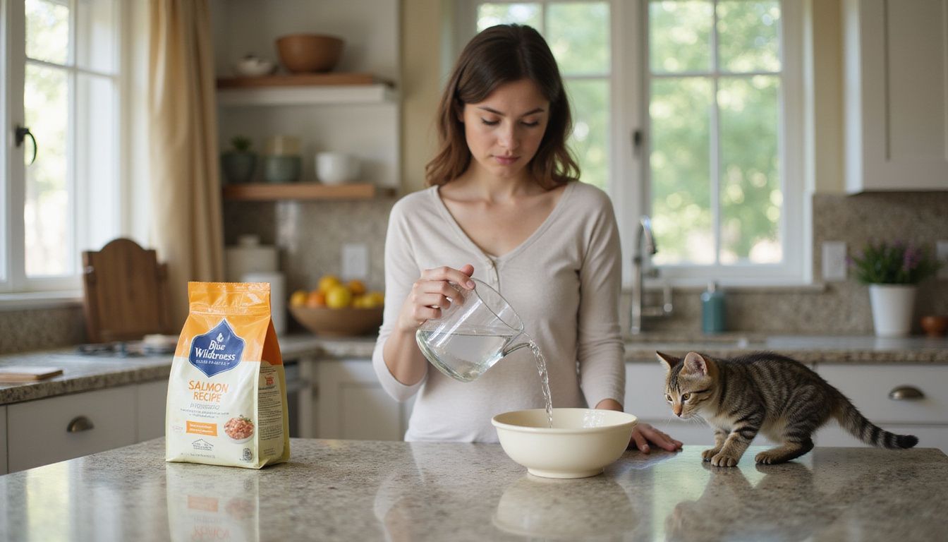 A woman pours water into a bowl for a curious tabby kitten in a cozy kitchen setting. A woman pours water into a bowl for a curious tabby kitten in a cozy kitchen setting.