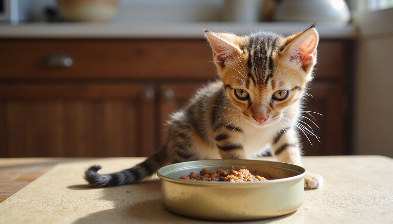 A young tabby kitten eagerly observes a bowl of wet food beside an aluminum can on a wooden mat. A young tabby kitten eagerly observes a bowl of wet food beside an aluminum can on a wooden mat.