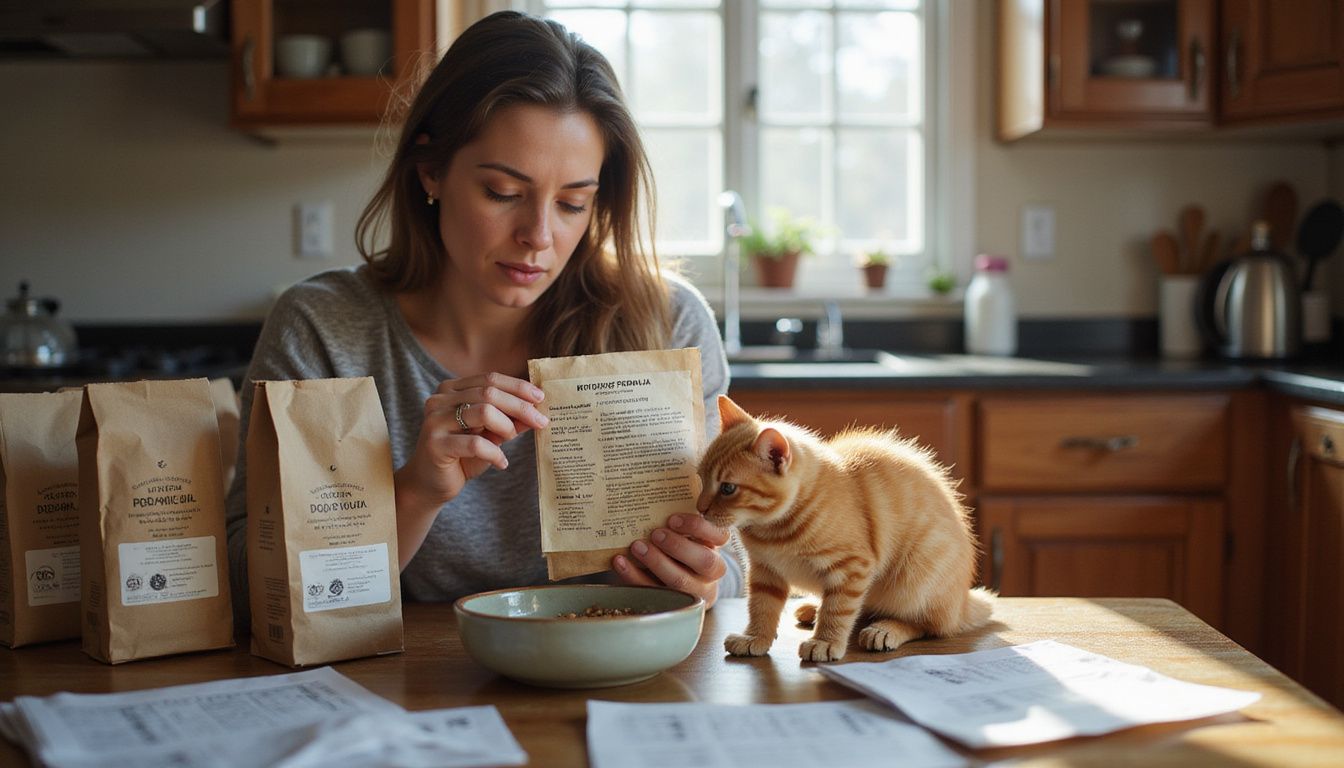 A woman carefully examines kitten food while her orange tabby kitten eats at a worn wooden dining table. A woman carefully examines kitten food while her orange tabby kitten eats at a worn wooden dining table.