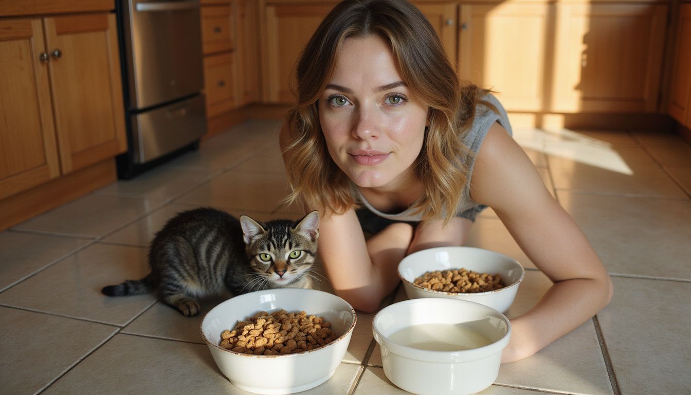 A woman kneels by a gray tabby kitten beside three bowls of cat food in a cozy kitchen setting. A woman kneels by a gray tabby kitten beside three bowls of cat food in a cozy kitchen setting.