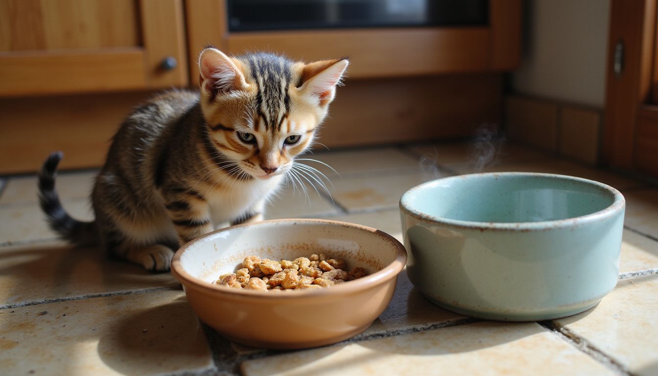 A curious tabby kitten sits beside a food bowl filled with moist kibble, showing cautious interest in its meal. A curious tabby kitten sits beside a food bowl filled with moist kibble, showing cautious interest in its meal.