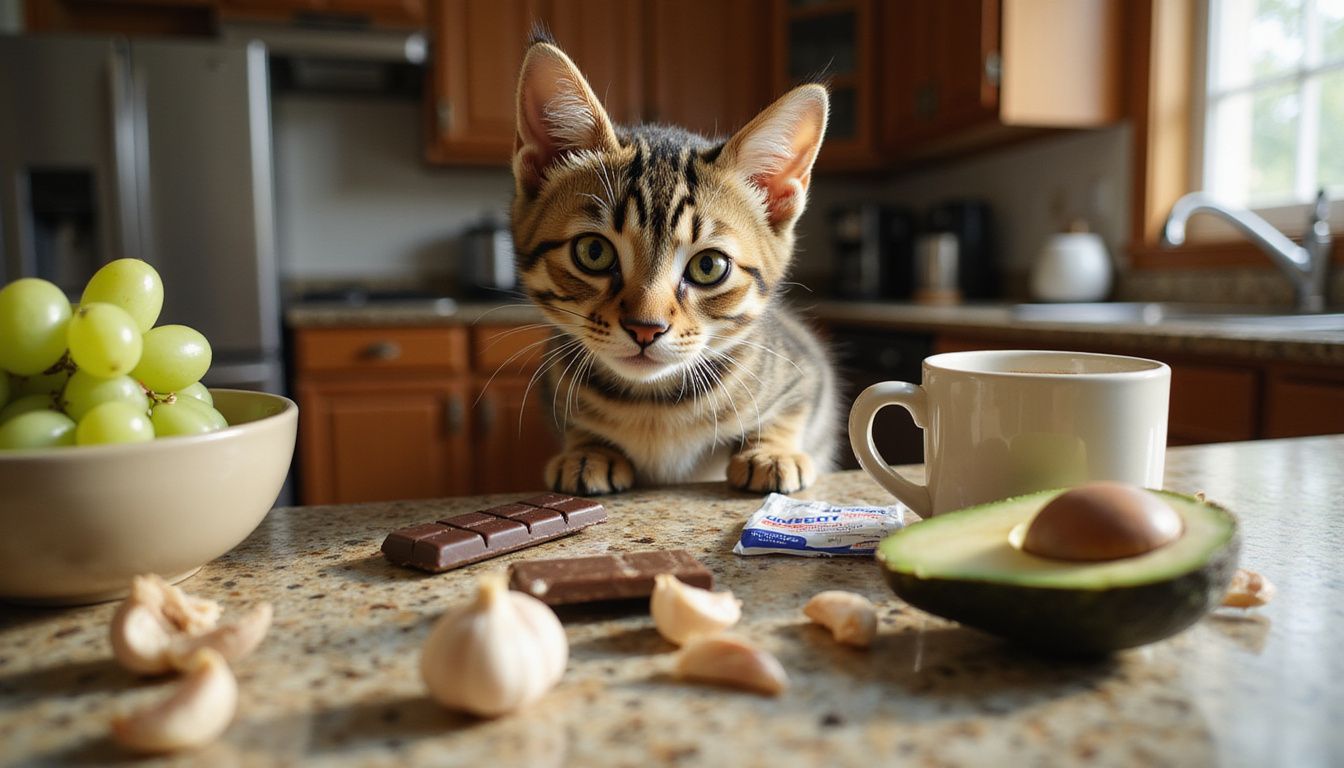 A curious tabby kitten peers over a granite kitchen counter filled with various food items. A curious tabby kitten peers over a granite kitchen counter filled with various food items.