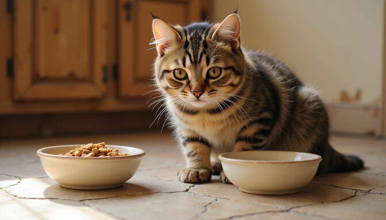 A fluffy tabby kitten hesitantly gazes between two bowls on cracked ceramic tiles. A fluffy tabby kitten hesitantly gazes between two bowls on cracked ceramic tiles.