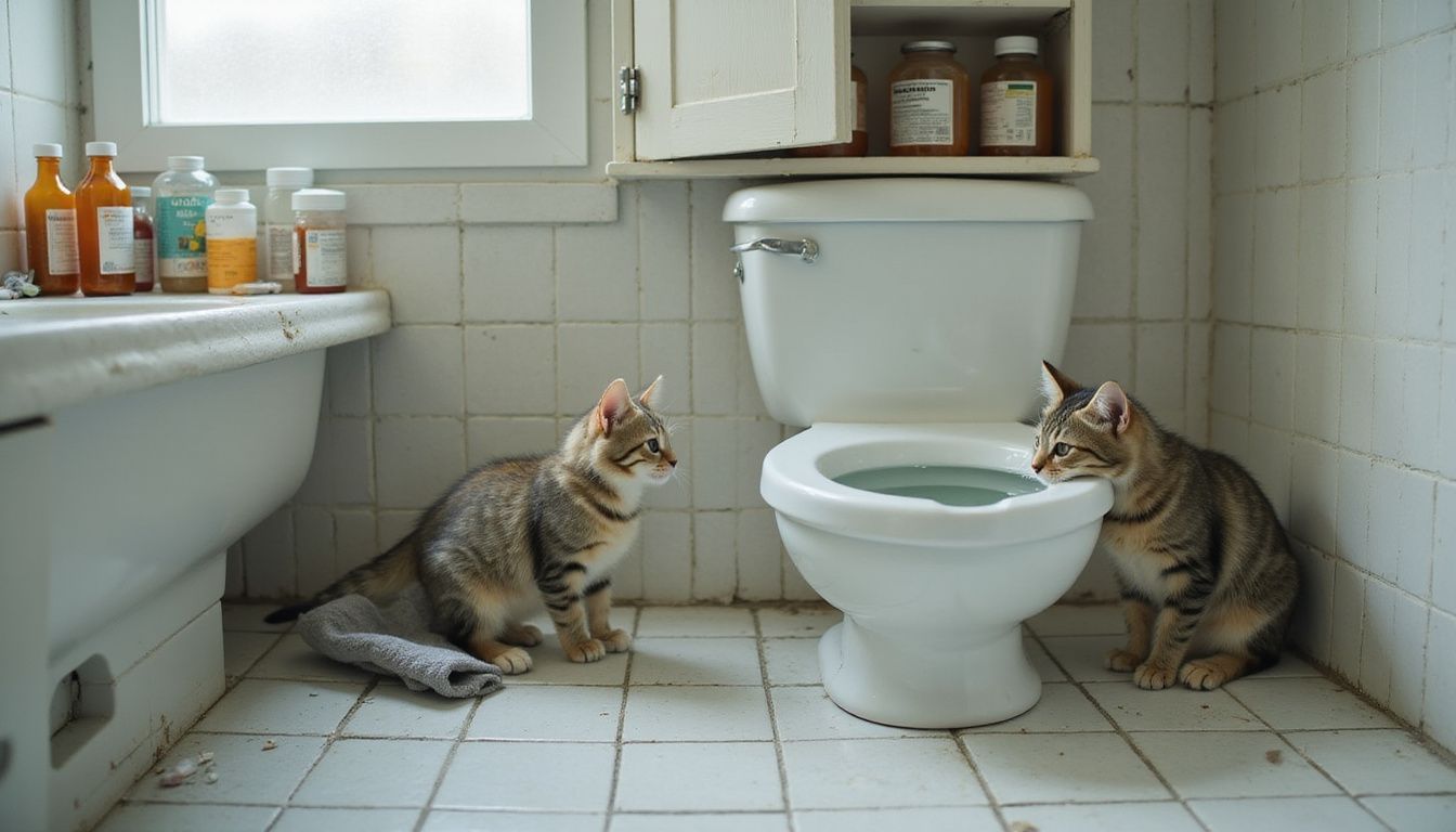 A curious tabby kitten inspects an open toilet bowl in a cluttered bathroom filled with cleaning supplies and medication.