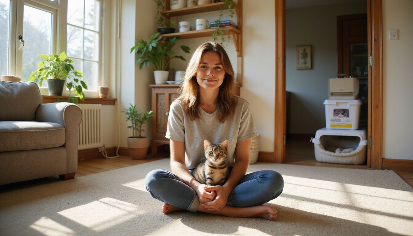 A content woman sits cross-legged on a carpet with a curious tabby kitten beside her in a cozy living room.