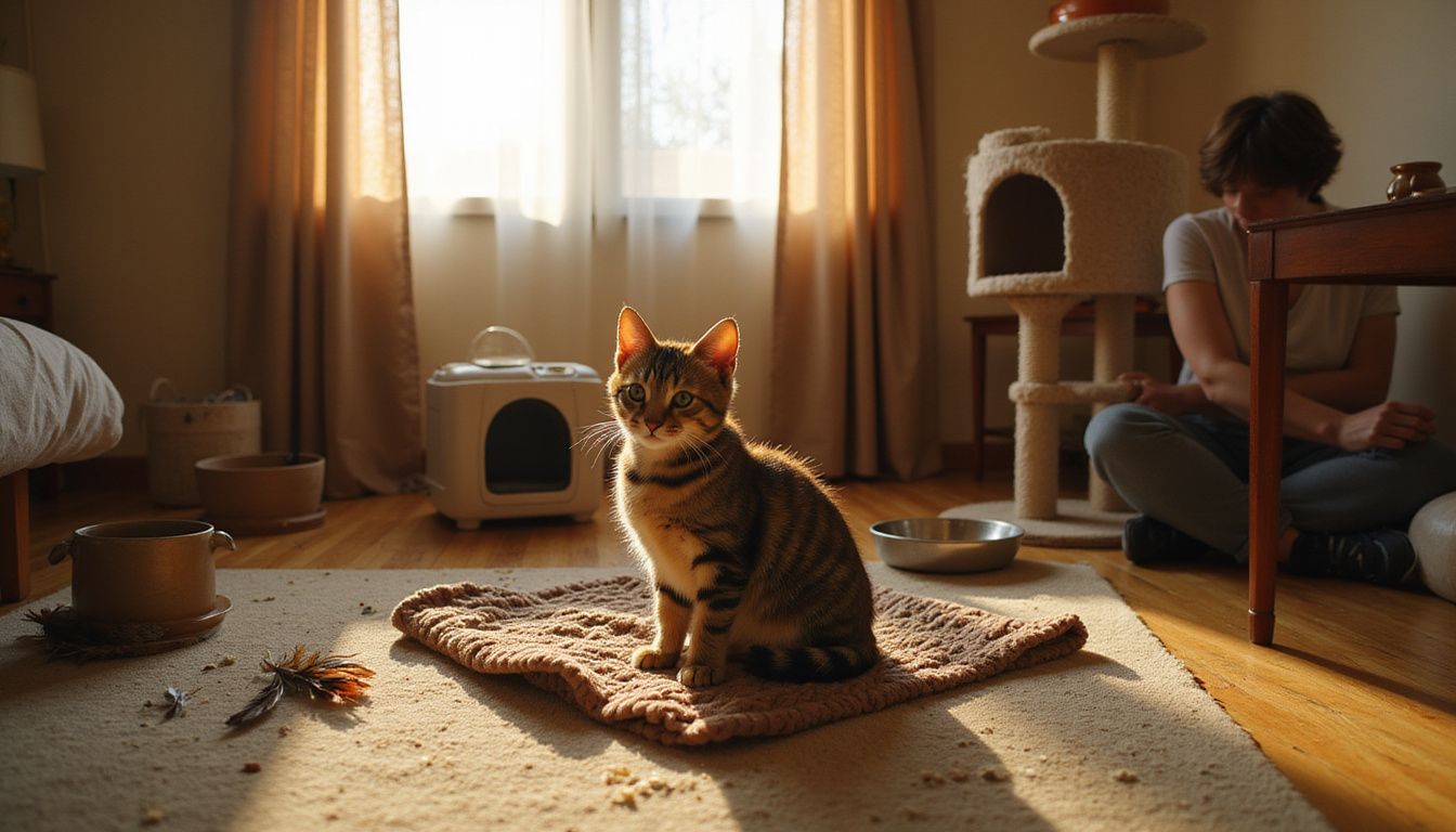 A young kitten relaxes on a blanket in a cozy, lived-in bedroom with scattered toys and a human nearby.
