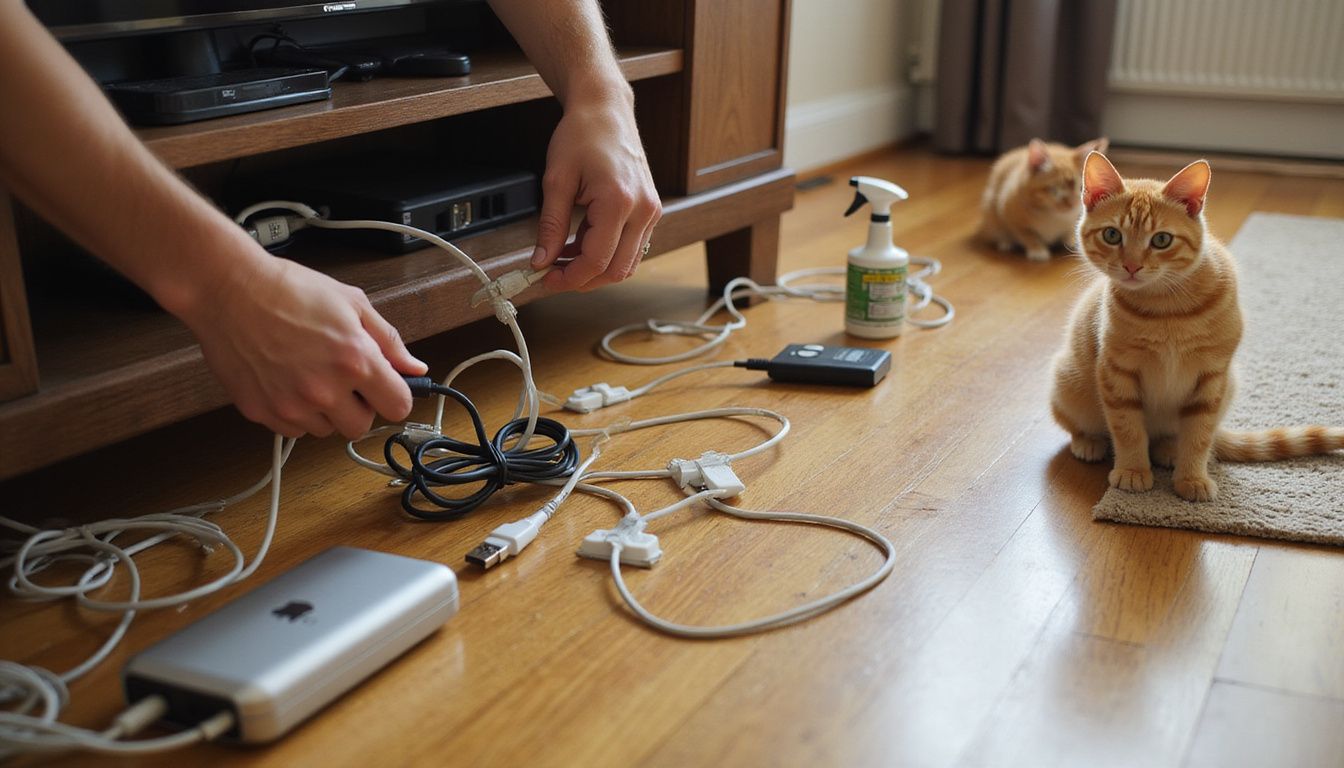 A young adult organizes cables in a living room while an orange tabby kitten watches curiously.
