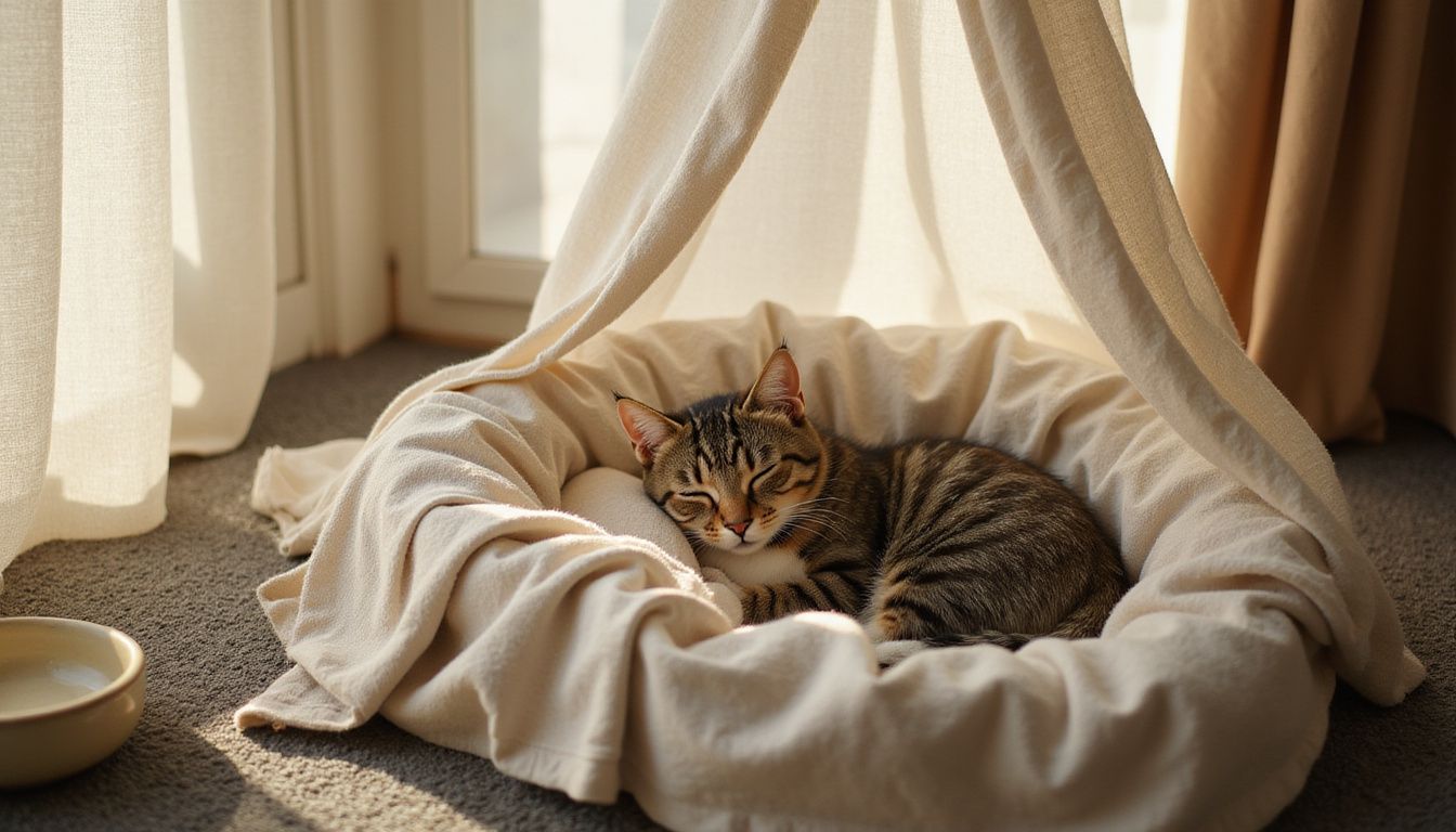 A tabby kitten peacefully sleeps in a cozy nest of linen blankets and towels, while a young adult observes nearby.