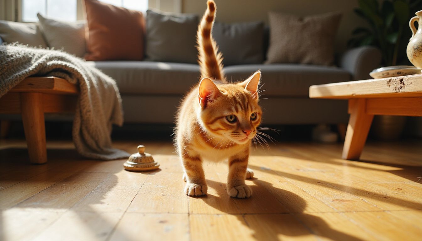 A young orange tabby kitten pounces playfully on a honey-toned hardwood floor, showcasing its energy and focus.