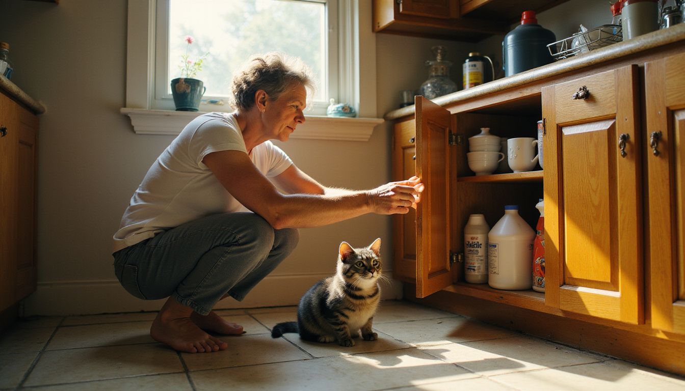 A middle-aged woman organizes cleaning supplies in a kitchen cabinet while a curious tabby kitten observes her.