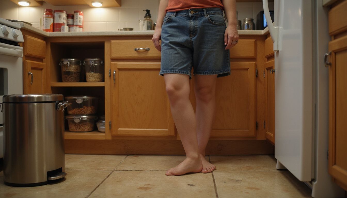 A woman stands in a cozy kitchen, attentively near storage containers and a refuse bin on worn flooring.