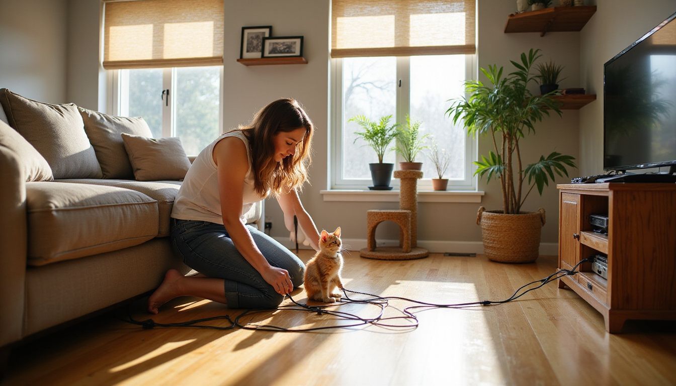 A woman organizes electrical cords in a tidy living room while a curious tabby kitten watches her.