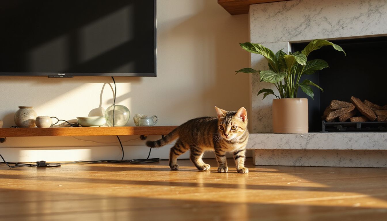 A curious tabby kitten explores a modern living room filled with decorative objects and potential hazards.
